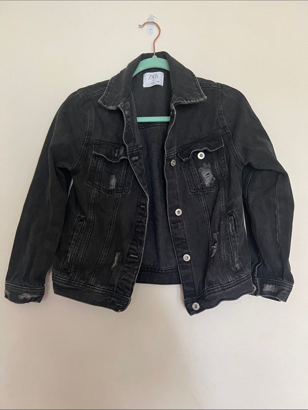 Zara Kids Black Distressed Denim Jacket with Button Front